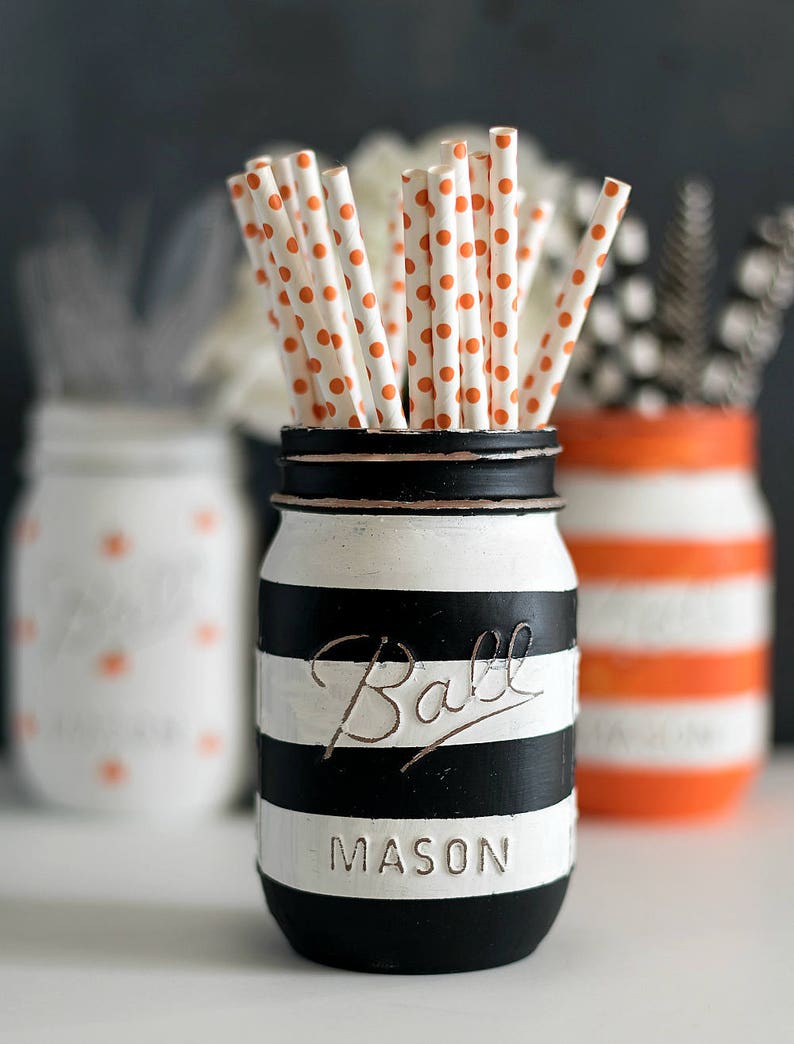 Halloween Mason Jar Set Painted Pumpkin Mason Jar Striped Mason Jar Orange, Black, White image 5