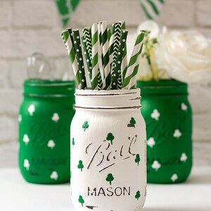 St Patrick Day Decor Kelly Green Mason Jar Shamrock Mason Jars Painted Distressed Mason Jars image 2