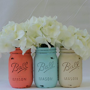 Coral, Turquoise, Cream Painted & Distressed Mason Jars – Mason Jars in Coral, Blue, Cream