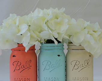 Coral, Turquoise, Cream Painted & Distressed Mason Jars – Mason Jars in Coral, Blue, Cream