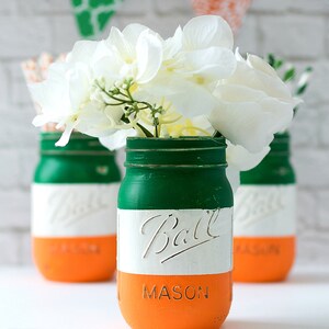 St Patricks Day Mason Jar Set Irish Flag, Shamrock Mason Jars Painted Distressed Mason Jar St Patricks Party Decor image 2