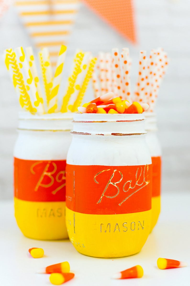 Candy Corn Mason Jars Halloween Mason Jars Painted and | Etsy