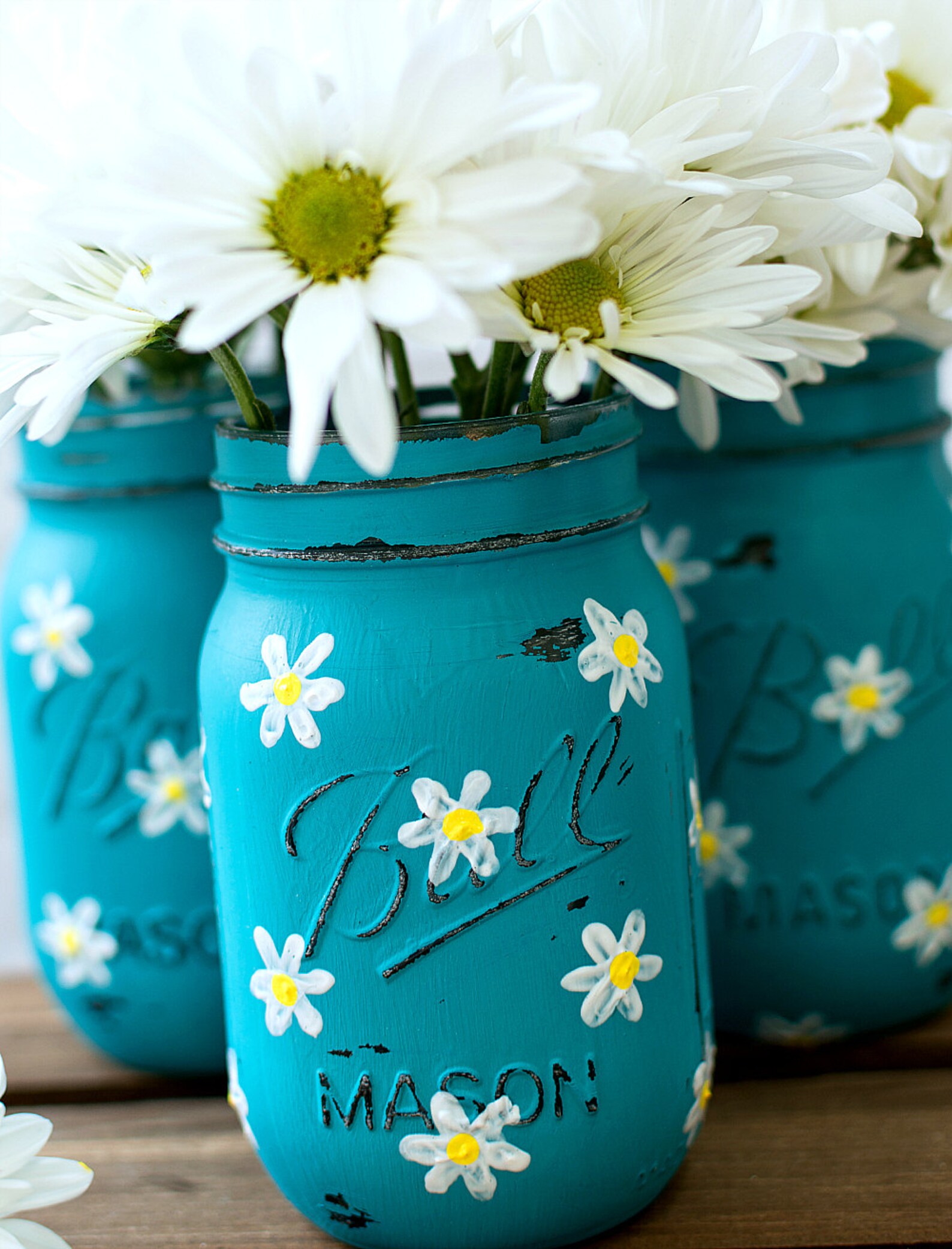 Daisy Mason Jar Set Teal Mason Jars Painted and Distressed Etsy