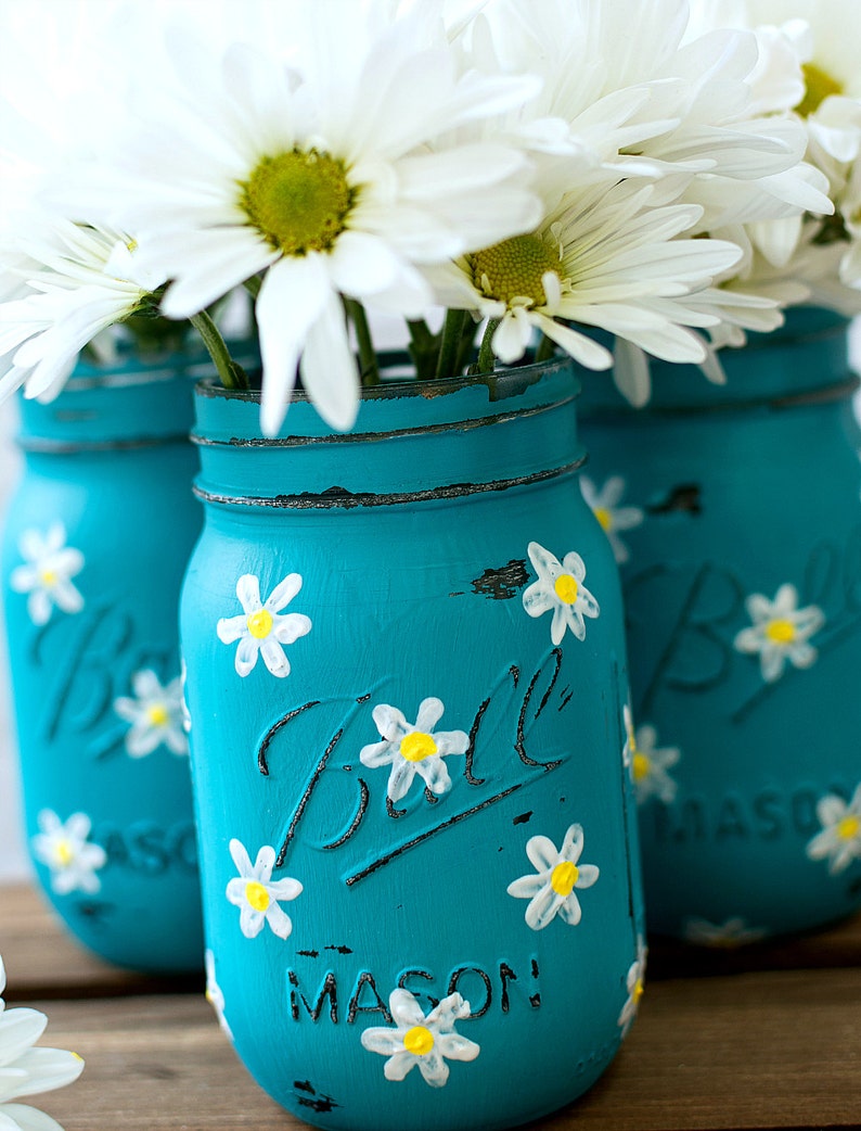 Daisy Mason Jar Set Teal Mason Jars Painted and Distressed image 1