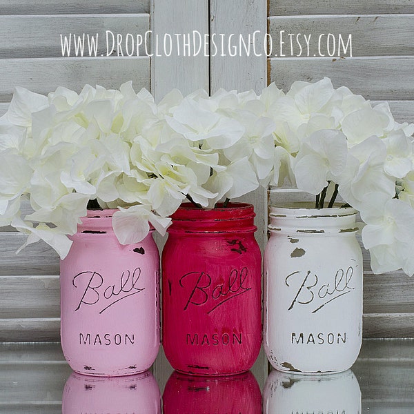Valentine's Day Painted Mason Jars - Red, Pink, White Painted and Distressed