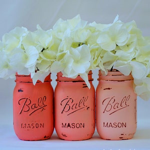 Coral Painted & Distressed Mason Jars – Mason Jars in Ombre Coral, Ombre Peach