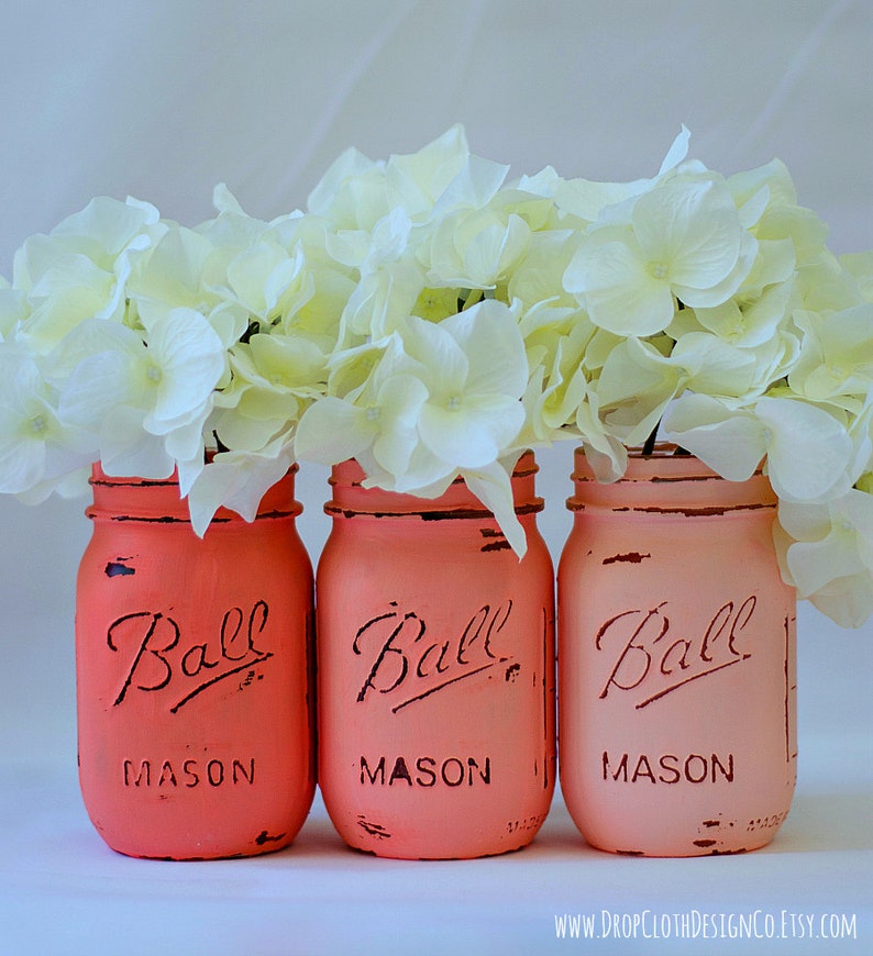 Coral Painted & Distressed Mason Jars Mason Jars in Ombre Coral, Ombre Peach image 1