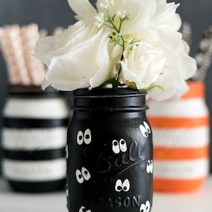 Halloween Mason Jar Set Painted Pumpkin Mason Jar Striped Mason Jar Orange, Black, White image 3