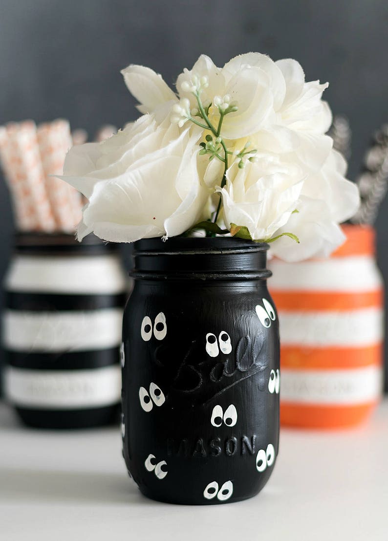 Halloween Mason Jar Set Painted Pumpkin Mason Jar Striped Mason Jar Orange, Black, White image 3