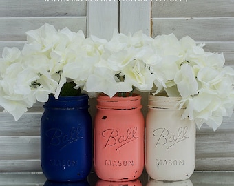 Coral, Navy, Cream Painted & Distressed Mason Jars - Home Decor, Wedding Centerpiece, Gift Idea