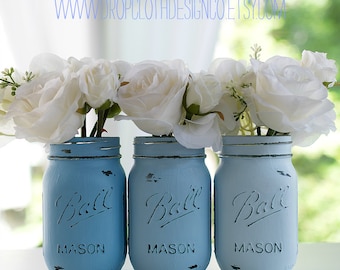 Painted Distressed Mason Jars - Blue, Baby Blue, Beachy Blue - Wedding Centerpieces, Baby and Bridal Showers, Vases, Home Decor