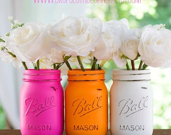 Pink, Tangerine, White Painted Distressed Mason Jars - Weddings, Showers, Centerpiece, Vase