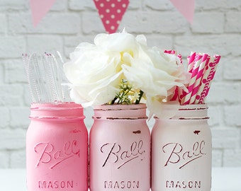 Painted Mason Jar Vases - Pink Ombre - Set of 3