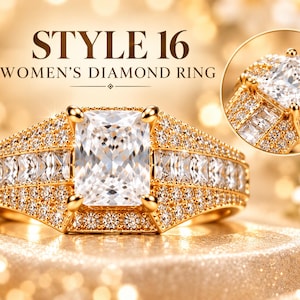 May include: A gold ring featuring a large rectangular center diamond, surrounded by smaller pavé diamonds and a row of baguette-cut diamonds along the band. The text STYLE 16 DIAMOND RING is visible above the ring, with an inset showing a close-up view.