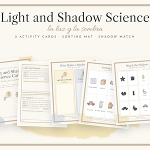 Op de afbeelding: Een set educatieve printbare bladen getiteld Light and Shadow Science, la luz y la sombra, met activiteitenkaarten, een sorteermat en een schaduw-matchspel met illustraties van objecten zoals een auto en ster.