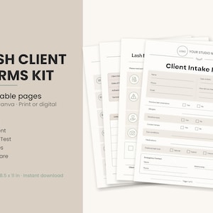 May include: A lash client forms kit featuring five editable pages including intake, consent, patch test, policies, and aftercare. The documents are white with black text and beige accents, measuring 8.5 by 11 inches for US letter size.