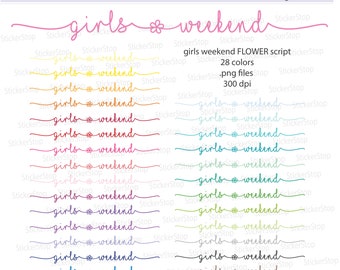 Girls Weekend Script with FLOWER Icon Digital Clipart in Rainbow Colors - Instant download PNG files