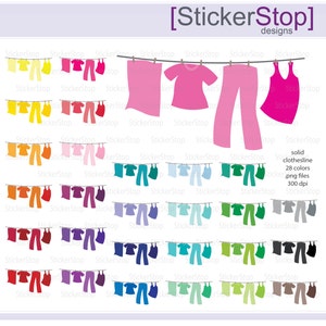 Rainbow of Laundry on Clothesline Digital Clipart - Instant download PNG files