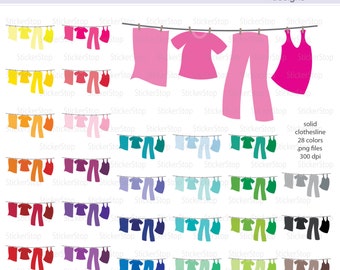 Rainbow of Laundry on Clothesline Digital Clipart - Instant download PNG files
