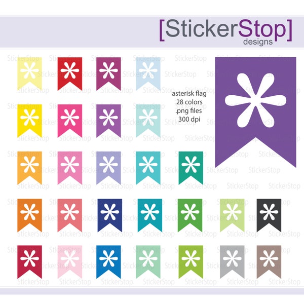 Asterisk Page Flag Clipart 28 colors, PNG Digital Clipart - Instant download - icons asterisk printable flags tab asterisk