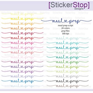 May include: A set of 28 colorful digital stickers with the text "meal prep" in a handwritten script font. The stickers are perfect for planners, journals, and other digital projects.