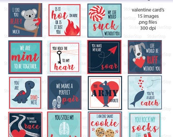 May include: A set of 15 Valentine's Day stickers featuring cute illustrations and puns. The stickers are printed on white paper with a blue and red colour scheme. The stickers are perfect for adding a touch of fun to your Valentine's Day cards, gifts, or decorations.