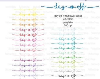 May include: A set of 28 digital stickers featuring the phrase "day off" in various colours with a flower design. The stickers are 300 dpi and are available as PNG files.