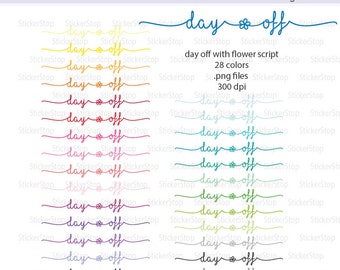 Day Off Script with Flower Icon Digital Clipart in Rainbow Colors - Instant download PNG files