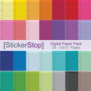 May include: A digital paper pack with 28 different colored pages, each with a lined pattern. The pages are 12 inches by 12 inches. The text "StickerStop" is in the center of the image.