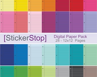 Notebook Paper with Colored Paper Digital Paper Set in 28 Colors - Instant download PNG files - 12 x 12 paper