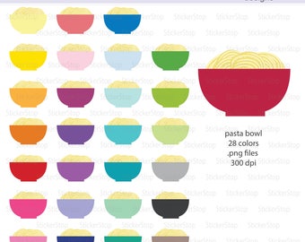 May include: A set of 28 pasta bowl stickers in various colours. The stickers are 300 dpi and come in PNG format. The pasta bowl is filled with noodles and has a red rim.