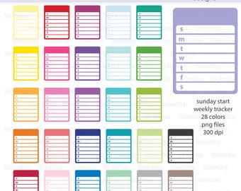 May include: A set of 28 colourful weekly planner stickers with a Sunday start. Each sticker has a blank space for writing in the days of the week, with lines for writing tasks. The stickers are 300 dpi and are available as PNG files.