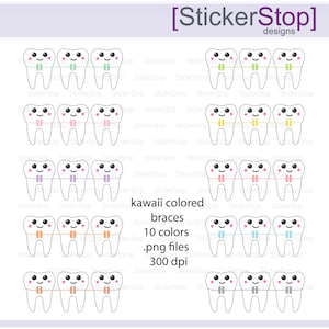 Puede incluir: Conjunto de diez imágenes digitales de clipart de dientes de dibujos animados con frenillos de varios colores. Los dientes son blancos con contornos negros y tienen caras lindas. Los frenillos son de diferentes colores, incluyendo rosa, azul, verde, amarillo, naranja, morado y gris. El texto "kawaii colored braces" está escrito debajo de las imágenes. El texto "10 colors .png files 300 dpi" está escrito debajo del texto "kawaii colored braces".