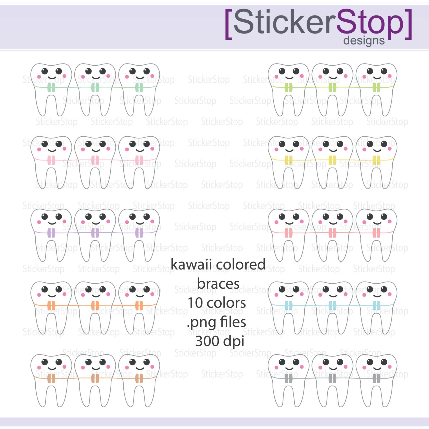 Kawaii Colored Braces Clipart, PNG Digital Clipart Instant Download