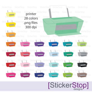 May include: A set of 28 colorful printer icons, each with a different color, including yellow, orange, red, pink, purple, blue, green, and gray. The icons are 300 dpi and are available as .png files. The text "printer 28 colors .png files 300 dpi" is displayed above the icons.