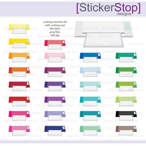 Puede incluir: Un conjunto de 28 iconos de máquina de corte de colores, cada uno con una hoja de papel blanca en su interior. Los iconos están dispuestos en filas, cada fila con un color diferente. Los iconos están etiquetados como "StickerStop" y "máquina de corte n.º 4 con tapete de corte, 28 colores, archivos .png, 300 ppp".