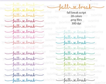 May include: A set of 28 fall break script stickers in various colours. The stickers are 300 dpi and are in PNG format. The text on the stickers reads "fall break" with a heart symbol between the words.