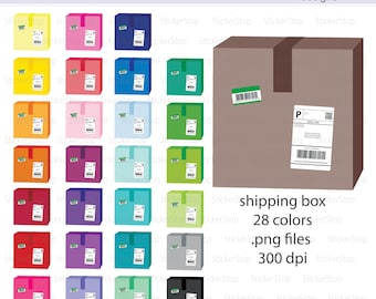 May include: A set of 28 colourful shipping box stickers, each with a white label and a green border. The stickers are 300 dpi and come in .png format. The image also shows a brown shipping box with a label.