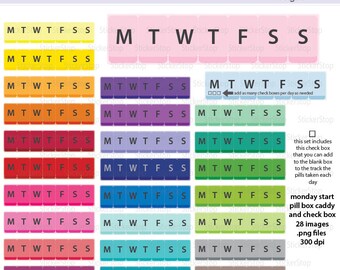 May include: A set of colourful pill box caddy stickers, each labelled with the days of the week. The stickers come in a variety of colours, including pink, yellow, orange, purple, red, blue, green, and brown. The text "StickerStop designs" is at the top.