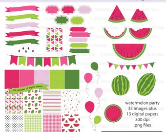 Watermelon Party Paper Pack and Digital Clipart - Instant download PNG files