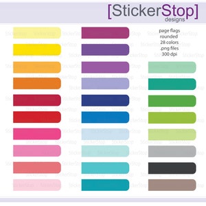 Puede incluir: Un conjunto de 28 banderas de página redondeadas de colores vivos, perfectas para marcar páginas en un planificador o cuaderno. Las banderas son de 300 dpi y vienen en una variedad de colores, incluyendo amarillo, naranja, rojo, rosa, azul, verde y gris.