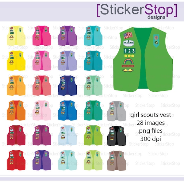 Colorful Girl Scout Vest Icon Digital Clipart in Rainbow Colors - Instant download PNG files