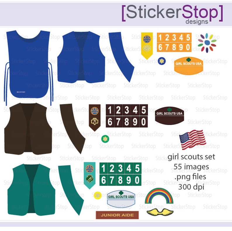 Peut inclure: Un ensemble de 55 images num&eacute;riques pour gilets, ceintures et &eacute;cussons de guides. Les images comprennent des chiffres, un arc-en-ciel, un &eacute;cusson Junior Aide et un logo Guides de France. Les images sont en 300 dpi et au format PNG.