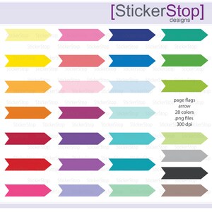 May include: Set of 28 colourful arrow page flags. The flags are in various colours, including yellow, orange, red, pink, blue, green, purple, and grey. The flags are 300 dpi and are in PNG format.