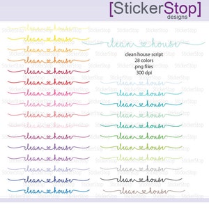 May include: A set of 28 colorful digital stickers featuring the phrase "clean house" in a handwritten script font. The stickers are designed for use in digital planners and are 300 dpi.