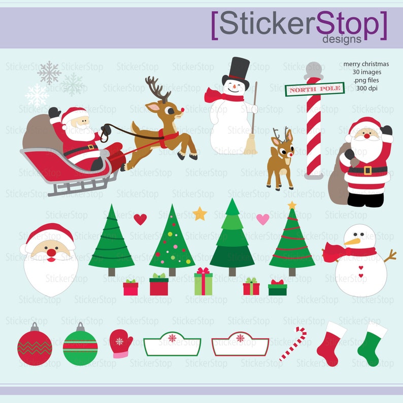 Merry Christmas Set 30 images PNG Digital Clipart Instant download santa, snowman, reindeer, sleigh, north pole, tree, stocking image 1