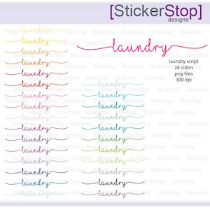 Puede incluir: Un conjunto de 28 pegatinas de palabras "laundry" en escritura cursiva de varios colores. Las pegatinas son de varios colores, incluyendo rosa, amarillo, azul, verde y morado. Las pegatinas son de 300 dpi y están disponibles como archivos PNG.