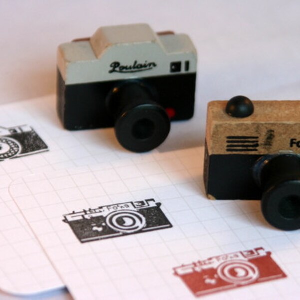 Set of TWO Vintage Look Wooden 35mm Camera  Stamps from Japan - FOTKA and PULAIN version...project life