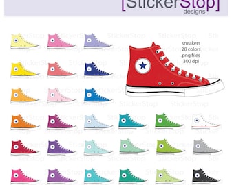 Op de afbeelding: Set van 28 digitale clipart-afbeeldingen van high-top sneakers in verschillende kleuren. Elke sneaker heeft een witte ster aan de zijkant. De afbeeldingen zijn 300 dpi en in PNG-formaat. [StickerStop] designs.