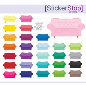 Puede incluir: Un conjunto de 28 ilustraciones de sofás coloridos, cada uno con un color diferente, incluyendo amarillo, rosa, rojo, naranja, morado, azul, verde, gris y negro. Las ilustraciones son de estilo de dibujos animados y son perfectas para usar en scrapbooking digital, creación de tarjetas u otros proyectos de manualidades.